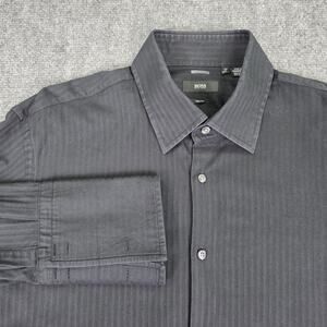 Hugo Boss Shirt Mens 17 L Black Woven Stripe French Cuff Long Sleeve Dress